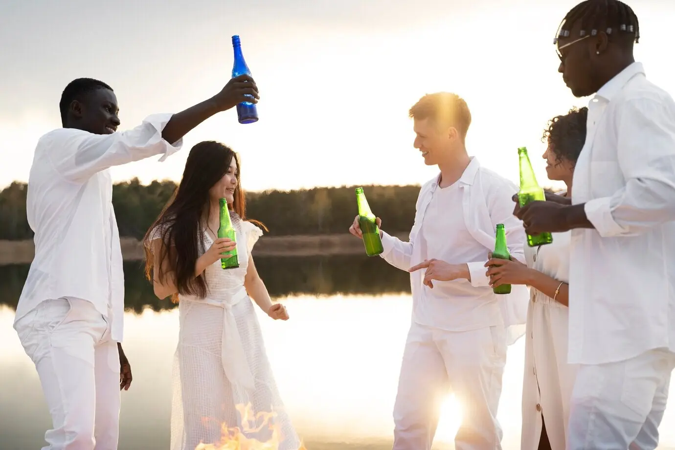 Medium shot of happy friends at a party.